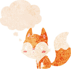 cartoon fox with thought bubble in grunge distressed retro textured style