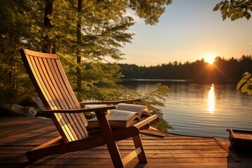 Fototapeta premium Serene Outdoor Reading on a Lakeside Dock, book on outside chair