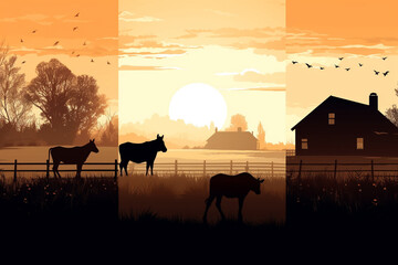 Fototapeta na wymiar Farm landscape with cows and barns at sunset, vector illustration.