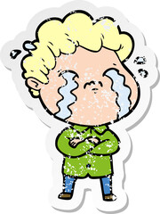 distressed sticker of a cartoon man crying