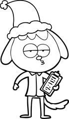 hand drawn line drawing of a bored dog in office clothes wearing santa hat