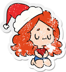 hand drawn christmas distressed sticker cartoon of kawaii girl