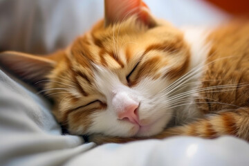 Close up of a cute cat sleeping face is irresistible in the background of modern bedroom. The animal concept of sleeping and adorable.