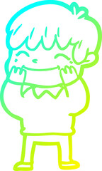 cold gradient line drawing of a cartoon happy boy