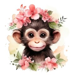 Cute monkey with floral wreath on white background. Watercolor cartoon illustration