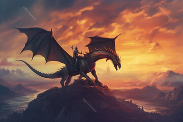 Dragon on a cliff at sunset. 3D render. Fantasy. - obrazy, fototapety, plakaty