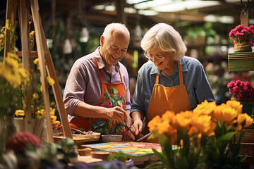 Naklejka na ściany i meble Blooms in Brushstrokes: Capturing the Essence of Nature with Elderly Floral Painting.