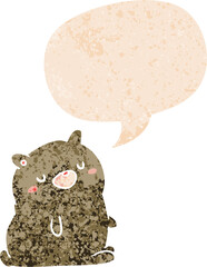 cartoon bear with speech bubble in grunge distressed retro textured style