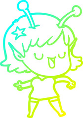 cold gradient line drawing of a happy alien girl cartoon