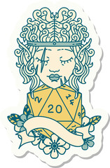 sticker of a elf barbarian character face with natural twenty dice roll