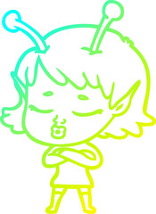cold gradient line drawing of a cute alien girl cartoon