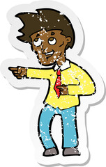retro distressed sticker of a cartoon funny office man pointing