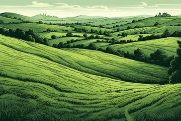 Tuscany landscape. Green hills and fields. Vector illustration.