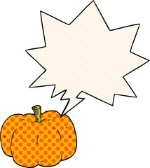 cartoon pumpkin with speech bubble in comic book style