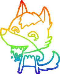 rainbow gradient line drawing of a cartoon hungry wolf