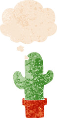 cartoon cactus with thought bubble in grunge distressed retro textured style