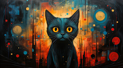 Abstract background with black cat in the night city.