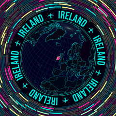 Ireland on globe. Satellite view of the world centered on Ireland. Bright neon style. Futuristic radial bricks background. Elegant vector illustration.