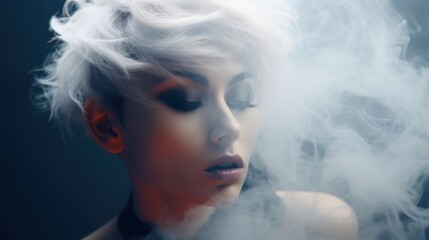 Fashion portrait of sensual female model with smoke dispersion. head with stylish hairstyle in tobacco smoke