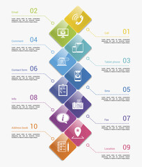 Infographics with Contact theme icons, 10 steps. Such as call, email, tablet phone, comment and more.
