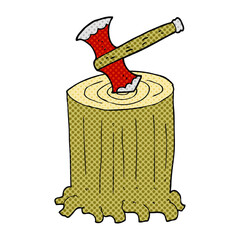 freehand drawn cartoon tree stump and axe