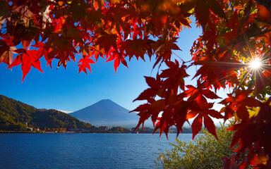 Beautiful landscape view of Mount Fuji with light falling through autumn leaves in Lake Kawaguchi