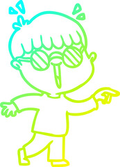 cold gradient line drawing of a cartoon boy wearing spectacles