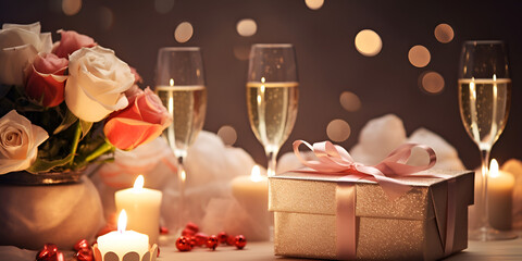Three glass champagne gifts and roses and candles chirstmas Valentine's Day, and romantic date night concept with lighting blur background