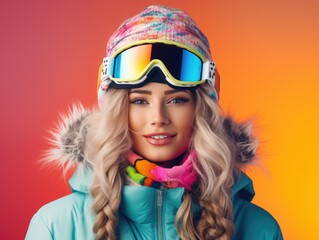 snowboarder smiling happy woman, winter glasses