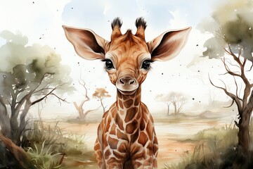 Watercolor Baby Giraffe Clipart - obrazy, fototapety, plakaty