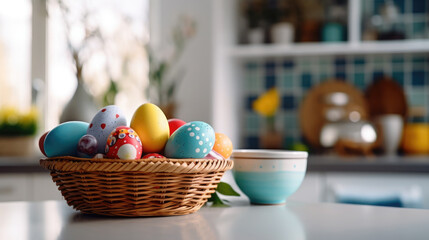 Fototapeta na wymiar basket with multi-colored Easter eggs on the table in a stylish kitchen, minimalism, Scandinavian interior, postcard, spring, design, religious holiday, traditional dish, treat, decor, flowers