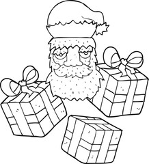 freehand drawn black and white cartoon tired santa claus face with presents