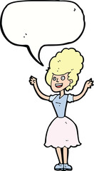 cartoon happy 1950's woman with speech bubble