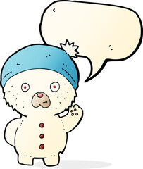 cartoon waving polar teddy bear in winter hat with speech bubble