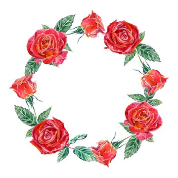 Round frame of red roses. Watercolor illustration isolated on white background. Valentines Day greeting cards, wedding invitations, banners, covers.