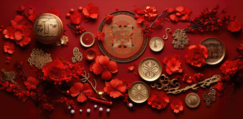 Chinese oriental style, Chinese new year in red and gold. Chinese festive celebration.