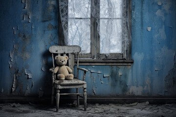 A forgotten toy teddy bear on chair in an abandoned house