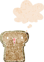 cute cartoon toast with thought bubble in grunge distressed retro textured style