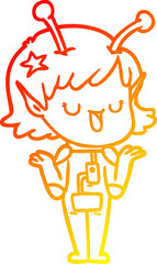 warm gradient line drawing of a happy alien girl cartoon