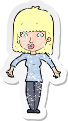 retro distressed sticker of a cartoon woman shrugging