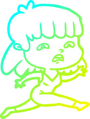 cold gradient line drawing of a cartoon worried woman