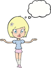 cartoon woman making balancing gesture with thought bubble