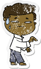 distressed sticker of a cartoon anxious man pointing