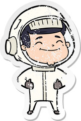 distressed sticker of a happy cartoon astronaut
