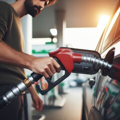Filling the car with petrol with the petrol pump nozzle at the petrol station in close-up, industrial concept, generative ai