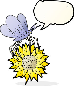 freehand drawn speech bubble cartoon butterfly on flower
