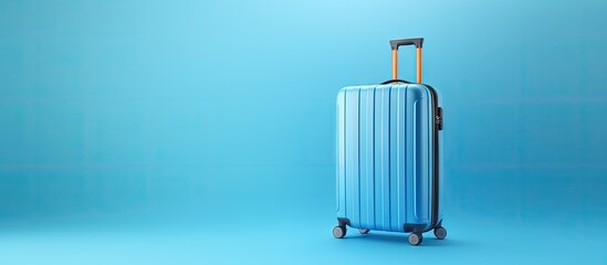 Blue background with a suitcase for travel Copy space image Place for adding text or design