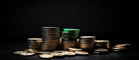 Italy experiencing economic downturn financial turmoil and currency devaluation Image of Italian flag surrounded by descending coins on black backdrop Copy space image Place for adding text or