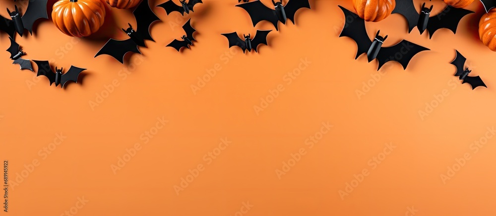 Poster Halloween decorations pumpkin paper bats black spider on orange background Flat lay top view Copy space available Copy space image Place for adding text or design