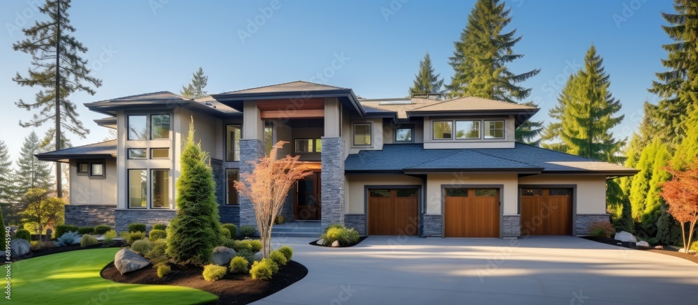 Poster luxurious contemporary home with stone accents three car garage and natural surroundings copy space 